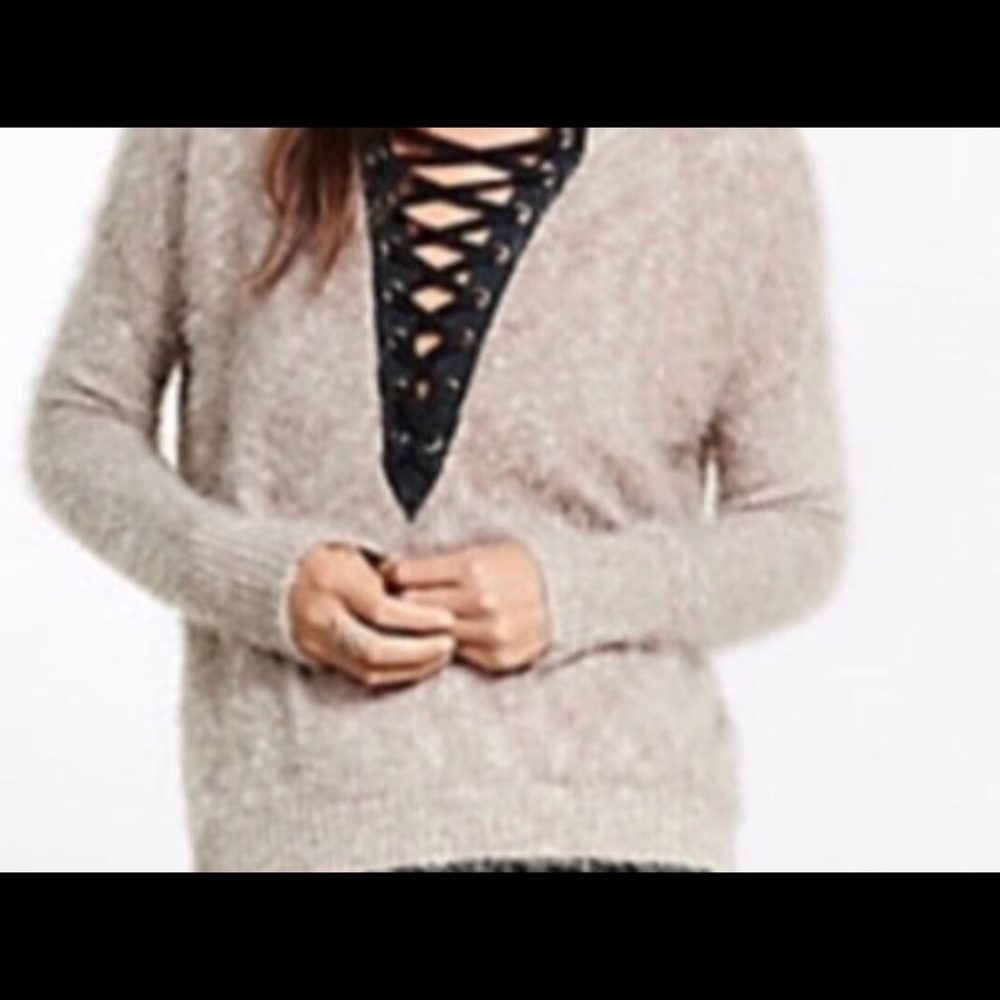 Express Mauve Fuzzy Lace Up Sweater